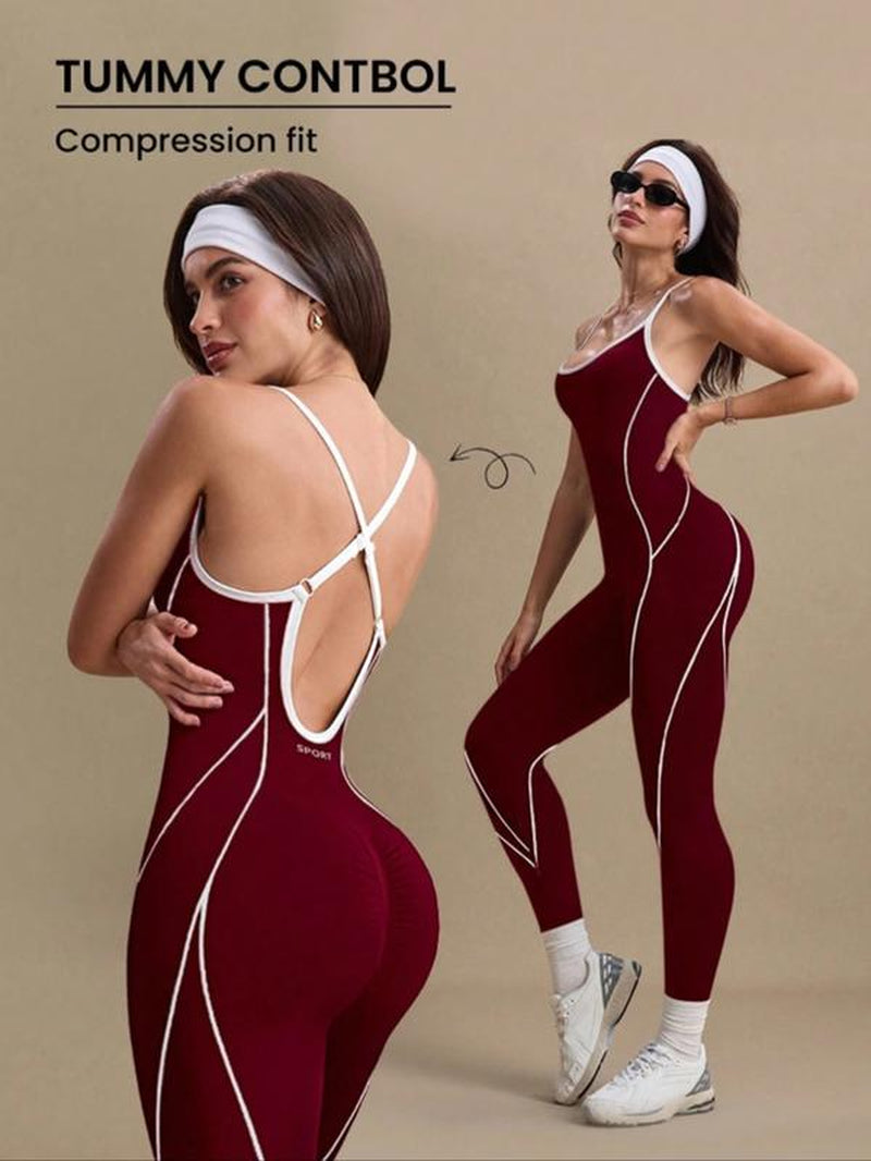 Women'S Colorblock U Neck Adjustable Strap High Elastic Yoga Jumpsuit, Sporty Sleeveless Fitness, All Season Comfortable Wear, Workout Jumpsuit