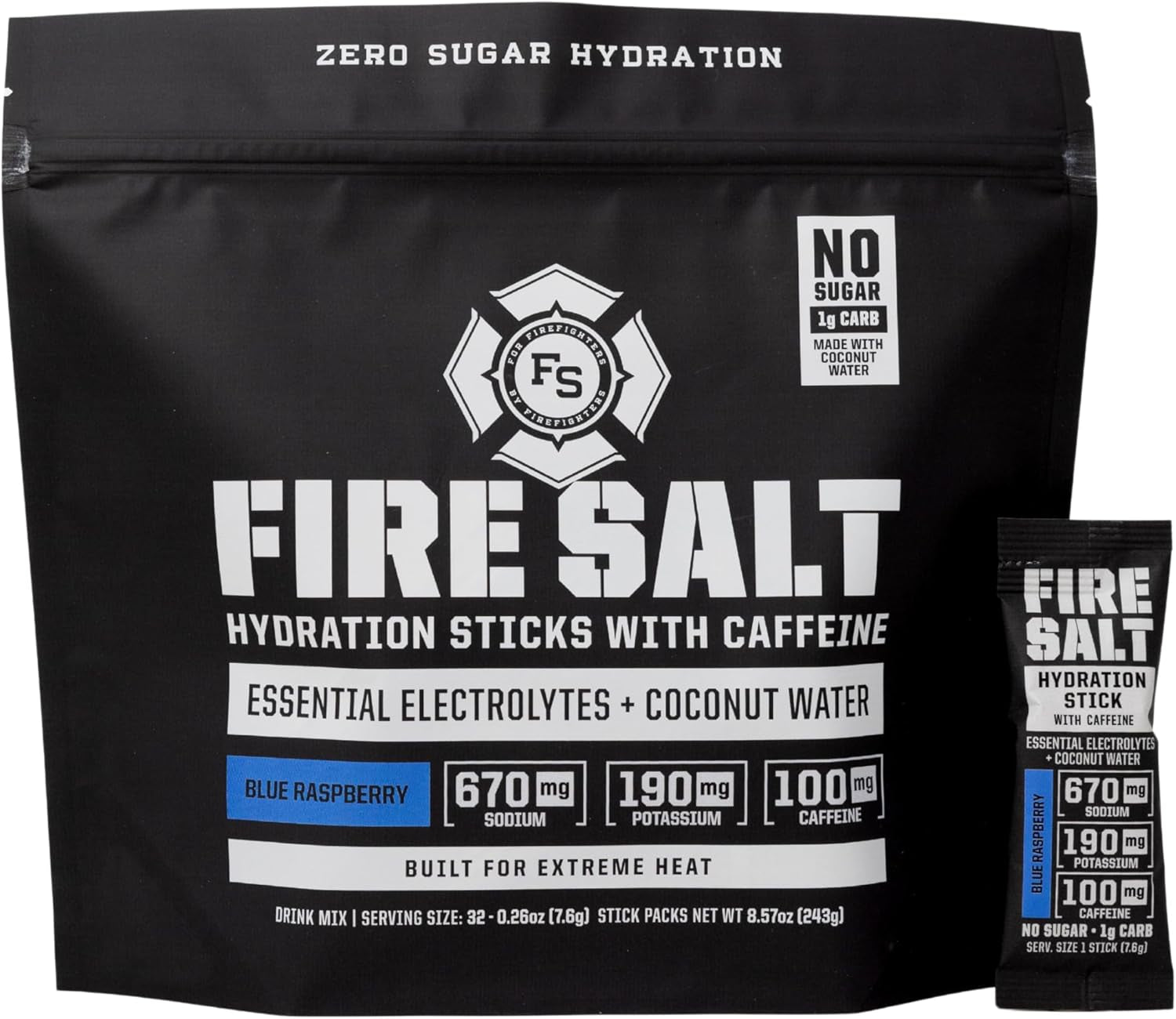 Fire Science Fire Salt Hydration Sticks, Electrolytes & Coconut Water, Hydration Drink Mix with Caffeine, Potassium & Sodium, Zero Sugar, Serve on the Go Packs, Caffeine Blue Raspberry, 32 Count
