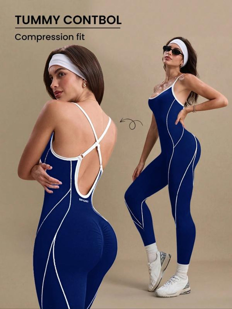 Women'S Colorblock U Neck Adjustable Strap High Elastic Yoga Jumpsuit, Sporty Sleeveless Fitness, All Season Comfortable Wear, Workout Jumpsuit