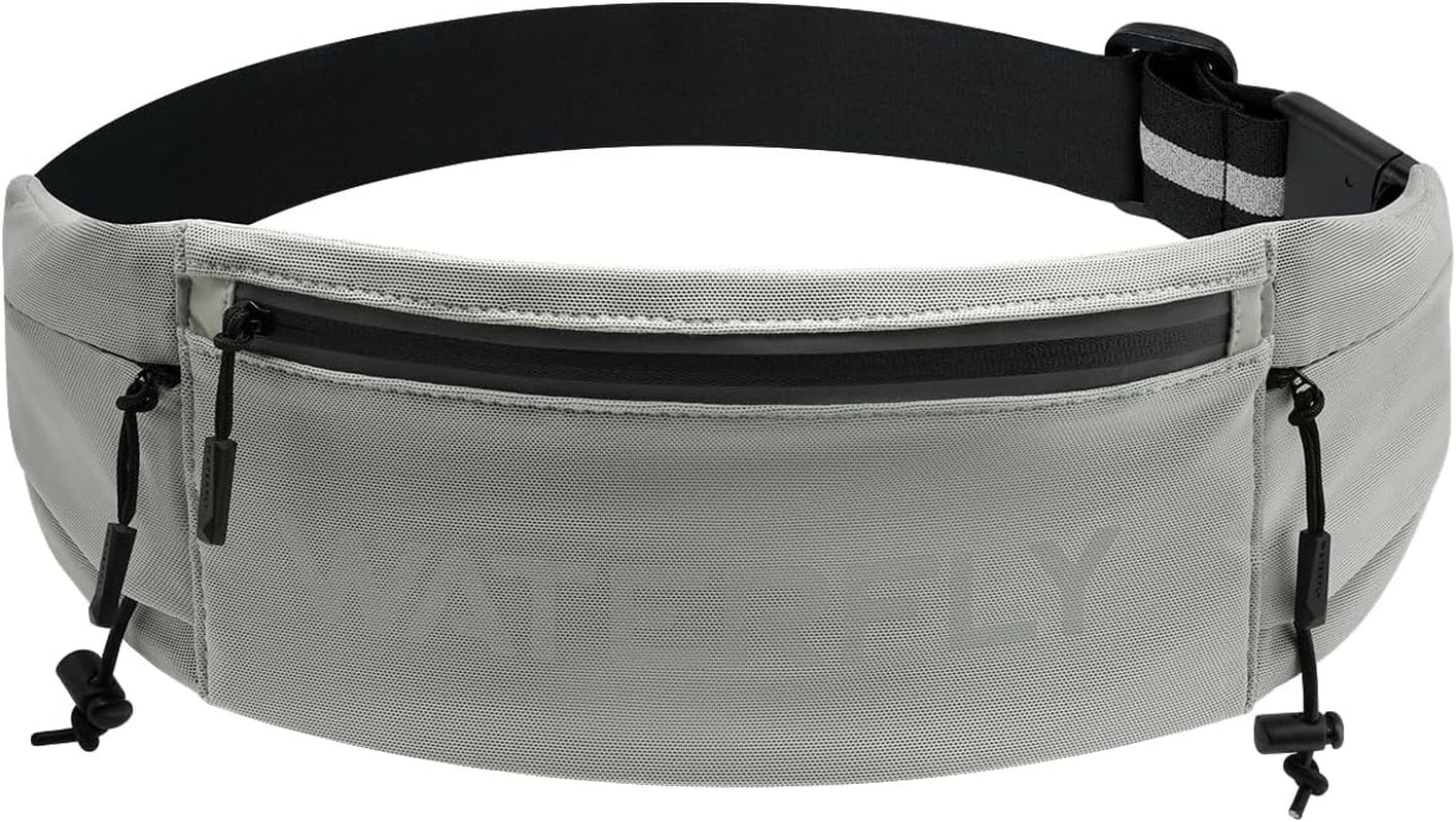 WATERFLY Running Belt Fanny Pack: Breathable 3 Pocket Waist Bag for Men Women Workout Exercise Fitness Phone Holder Fits All Phones - Runner Marathon Jogging Race Belt with Bib Clip Black