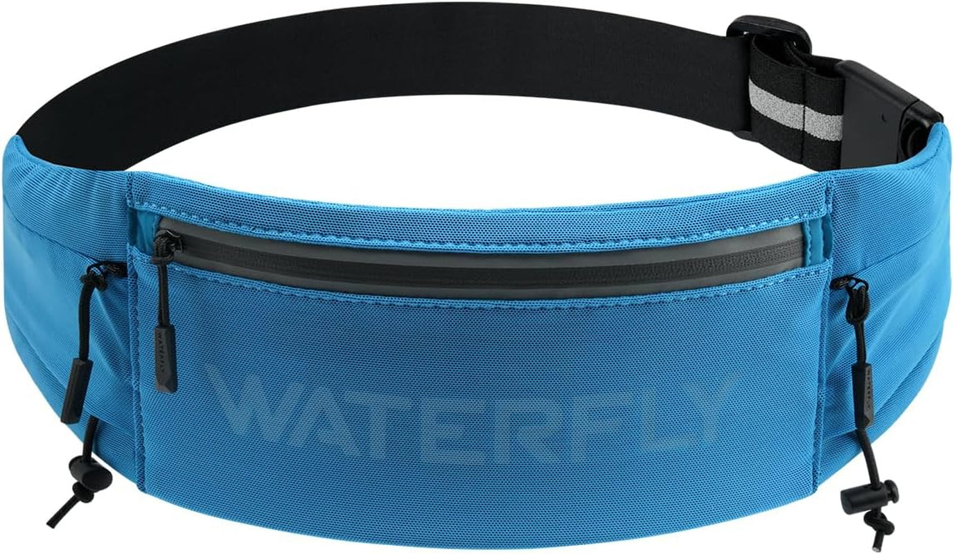 WATERFLY Running Belt Fanny Pack: Breathable 3 Pocket Waist Bag for Men Women Workout Exercise Fitness Phone Holder Fits All Phones - Runner Marathon Jogging Race Belt with Bib Clip Black