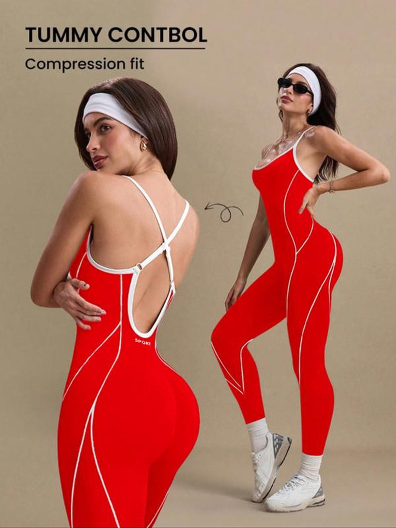 Women'S Colorblock U Neck Adjustable Strap High Elastic Yoga Jumpsuit, Sporty Sleeveless Fitness, All Season Comfortable Wear, Workout Jumpsuit