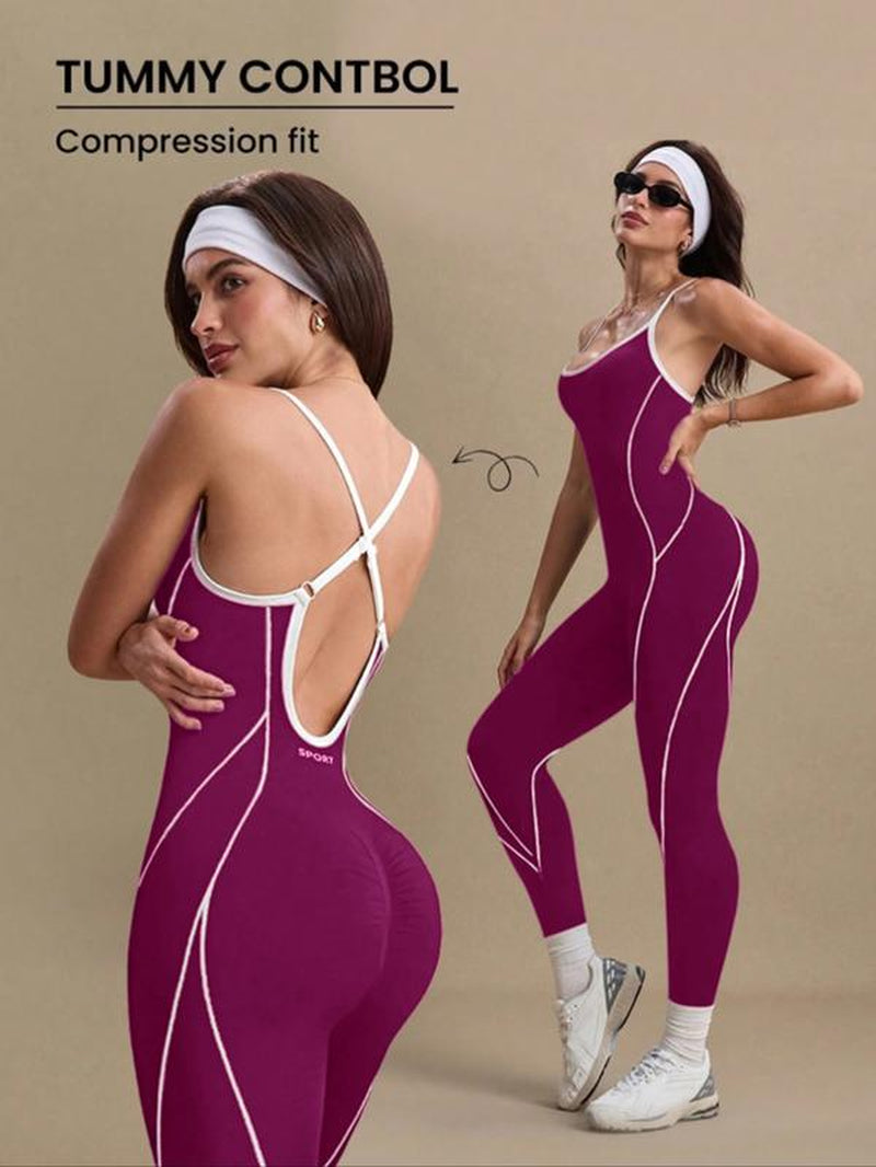 Women'S Colorblock U Neck Adjustable Strap High Elastic Yoga Jumpsuit, Sporty Sleeveless Fitness, All Season Comfortable Wear, Workout Jumpsuit