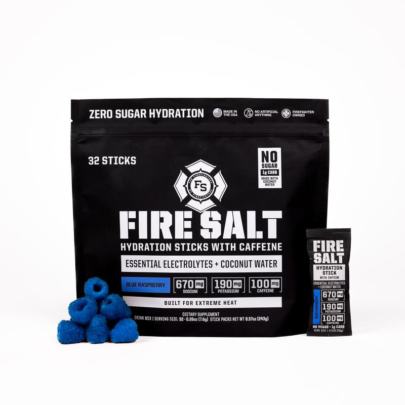 FIRE SALT Hydration Sticks Caffeine - Essential Electrolytes & Coconut Water - Zero Sugar - 32 Pack - Sport Energy Drink Mix Caffeine (32 Pack)
