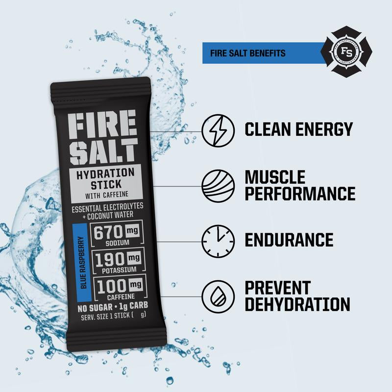 FIRE SALT Hydration Sticks Caffeine - Essential Electrolytes & Coconut Water - Zero Sugar - 32 Pack - Sport Energy Drink Mix Caffeine (32 Pack)