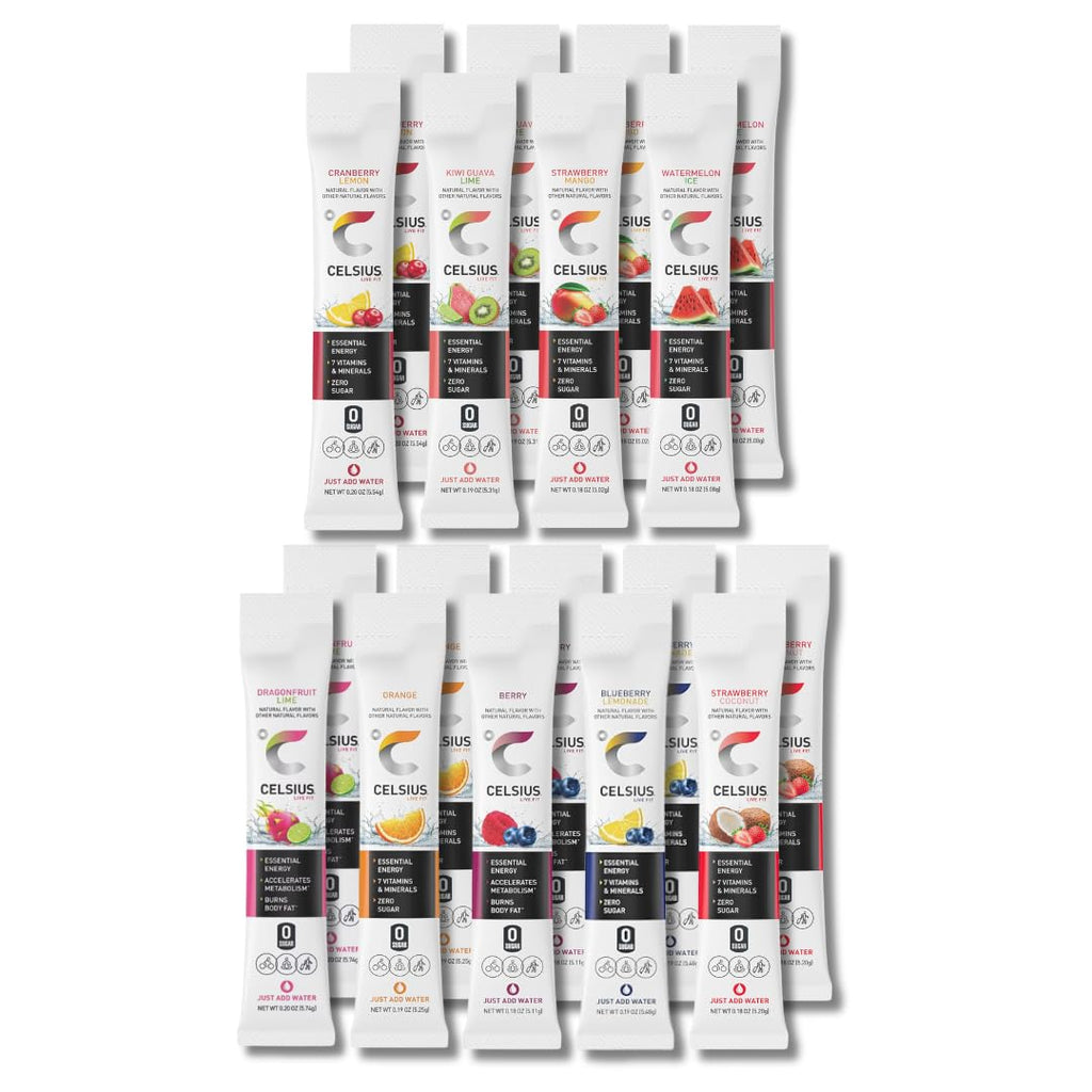Celsius on the Go Energy Powder Sticks Variety Pack | 15 Count | Tropical, Peach, Arctic | in Packaging Bundled Sticker