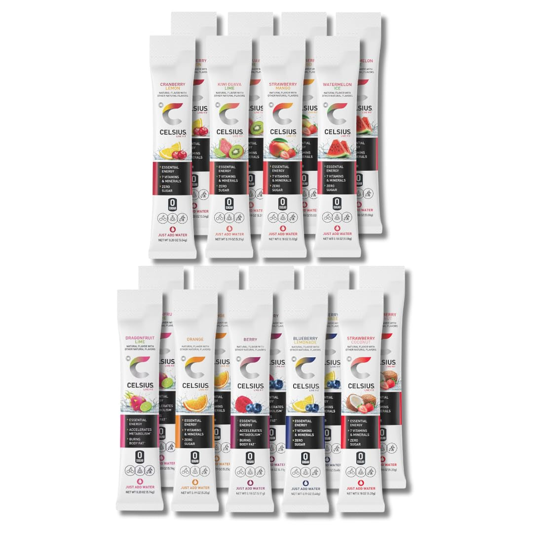 Celsius on the Go Energy Powder Sticks Variety Pack | 15 Count | Tropical, Peach, Arctic | in Packaging Bundled Sticker