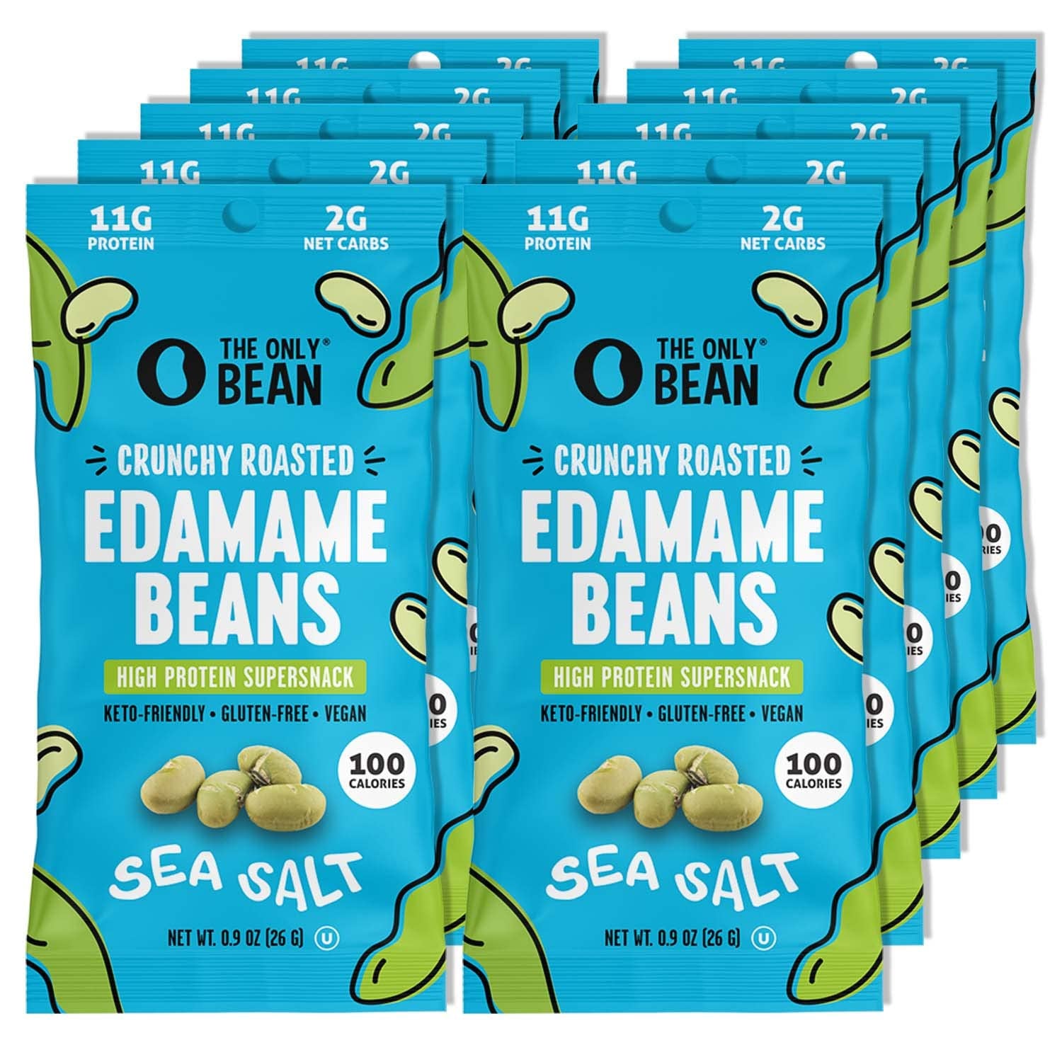 The Only Bean Crunchy Dry Roasted Edamame Snacks (Sea Salt), Healthy High Protein(11G) Keto Food, Low Carb Gluten Free Office Vegan Food 100 Calorie Snack Pack, 0.9Oz 10 Pack