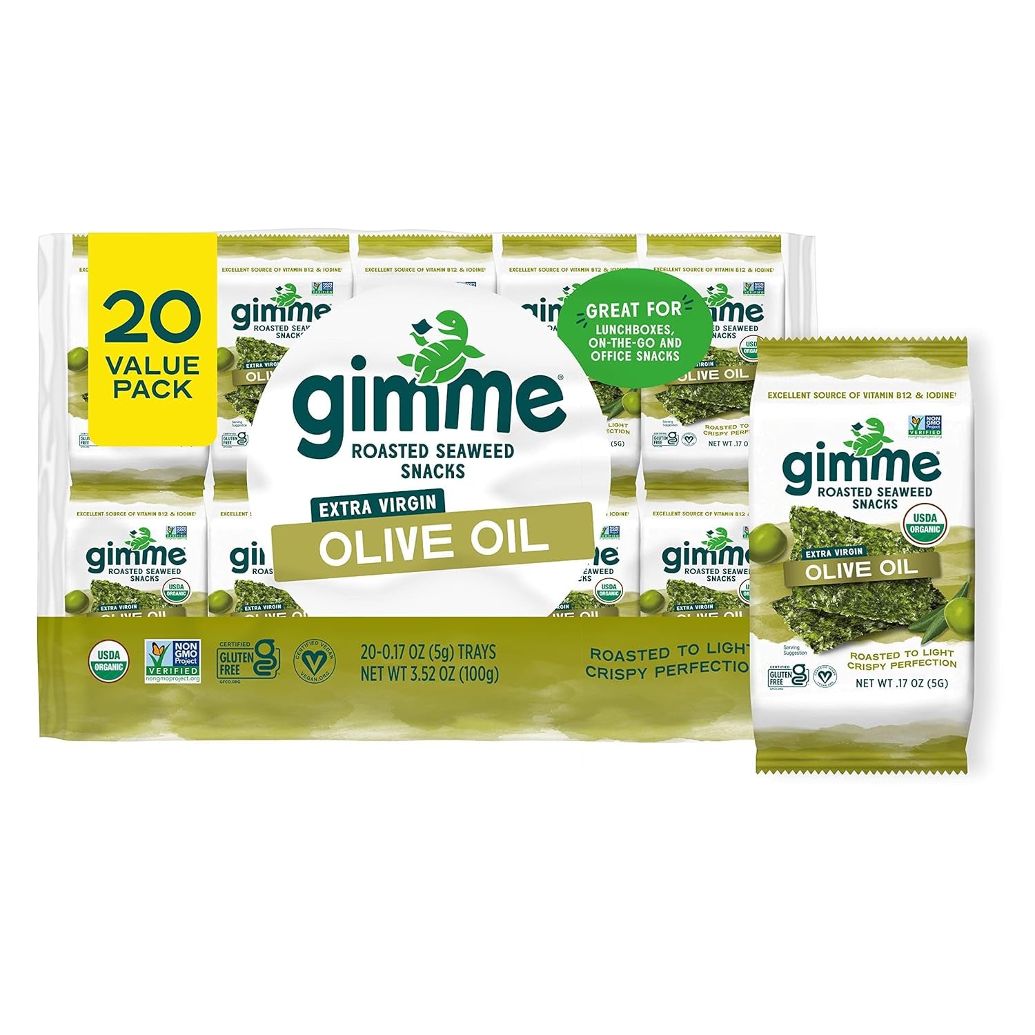 Gimme Seaweed Organic Premium Roasted Seaweed Snacks, Sea Salt, 20 Count, Keto, Vegan, Gluten-Free, Great Source of Omega3S and Iodine, Healthy On-The-Go Snack for Kids and Adults