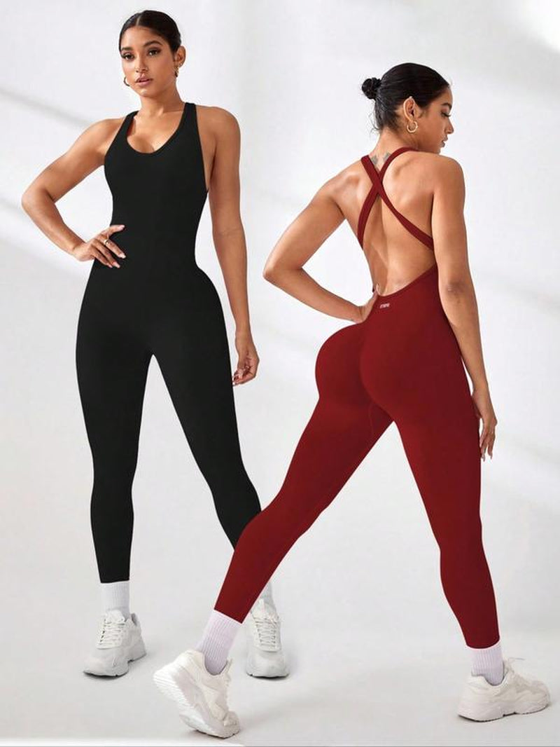 Women'S Letter Print U Neck Backless Sports Tank Jumpsuit, Casual Sporty Sleeveless Jumpsuit for Yoga Gym Workout Running, Ladies Sportswear for All Seasons, Workout Jumpsuits