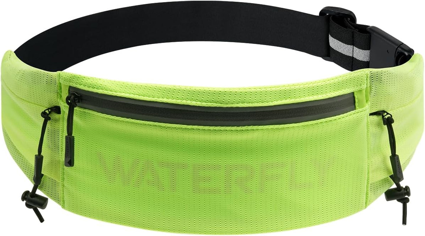 WATERFLY Running Belt Fanny Pack: Breathable 3 Pocket Waist Bag for Men Women Workout Exercise Fitness Phone Holder Fits All Phones - Runner Marathon Jogging Race Belt with Bib Clip Black