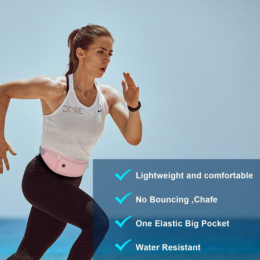 Slim Running Belt for Women Men,Runners Fanny Pack Phone Holder,Money Belt,Running Gear Accessories,With 3 Pockets.(Pink)