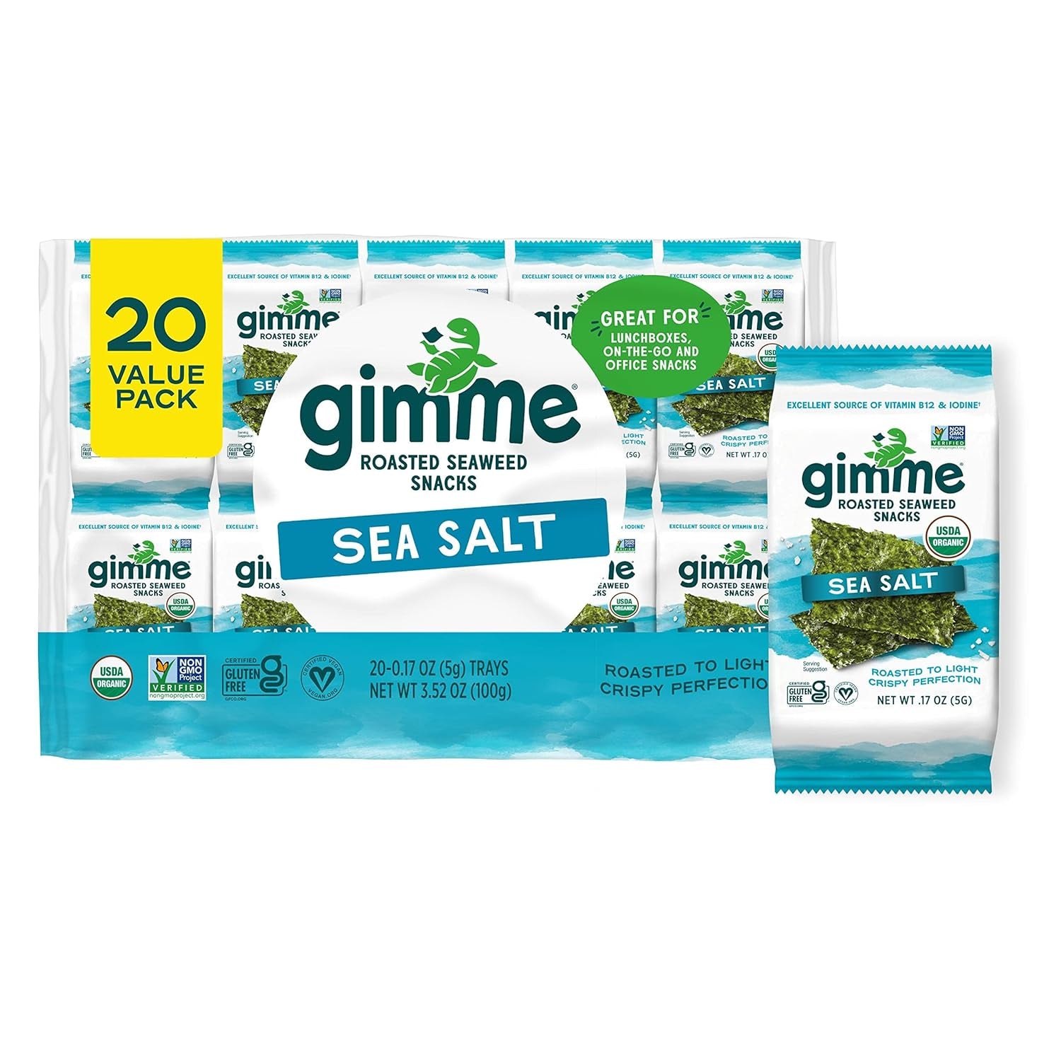 Gimme Seaweed Organic Premium Roasted Seaweed Snacks, Sea Salt, 20 Count, Keto, Vegan, Gluten-Free, Great Source of Omega3S and Iodine, Healthy On-The-Go Snack for Kids and Adults