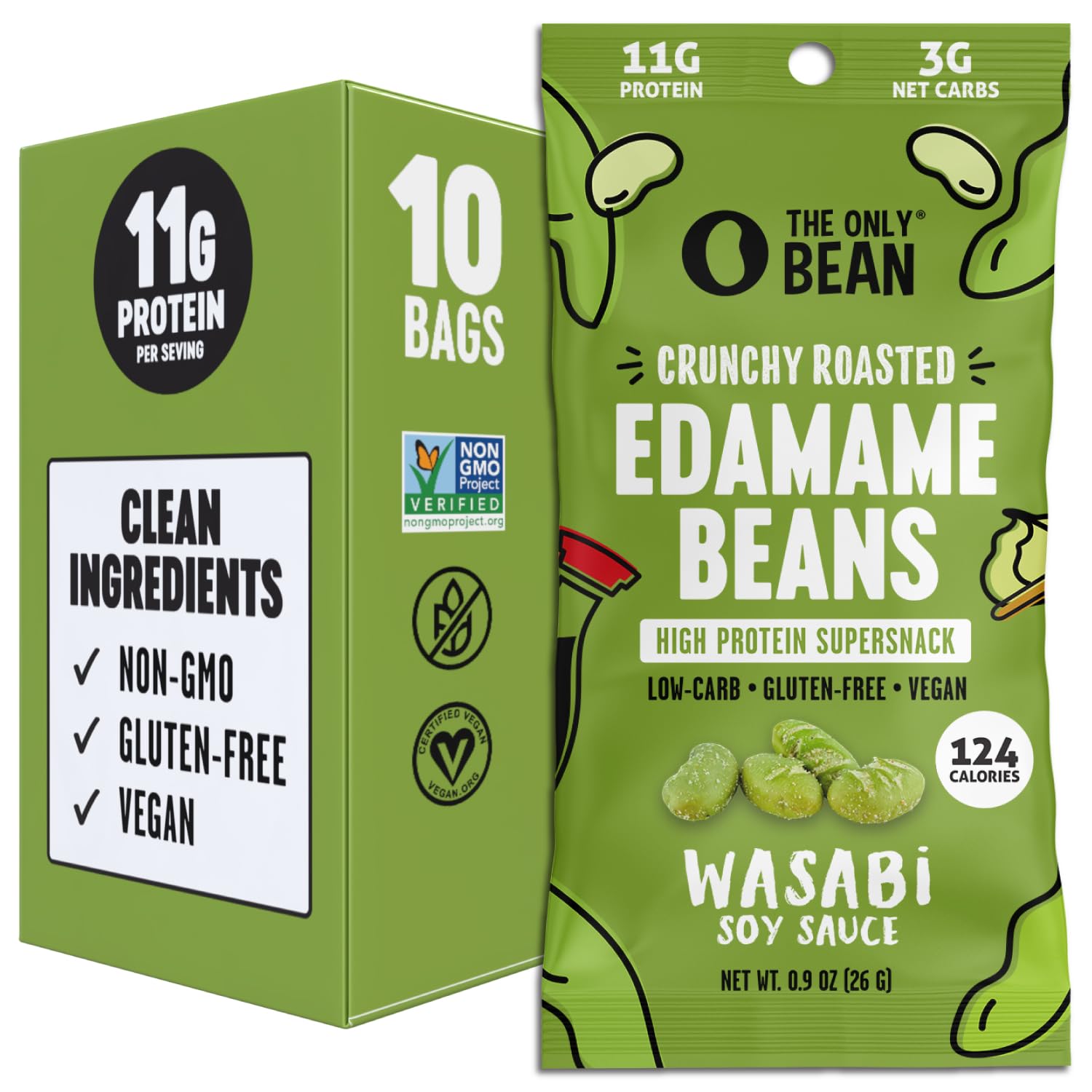 The Only Bean Crunchy Dry Roasted Edamame Snacks (Sea Salt), Healthy High Protein(11G) Keto Food, Low Carb Gluten Free Office Vegan Food 100 Calorie Snack Pack, 0.9Oz 10 Pack