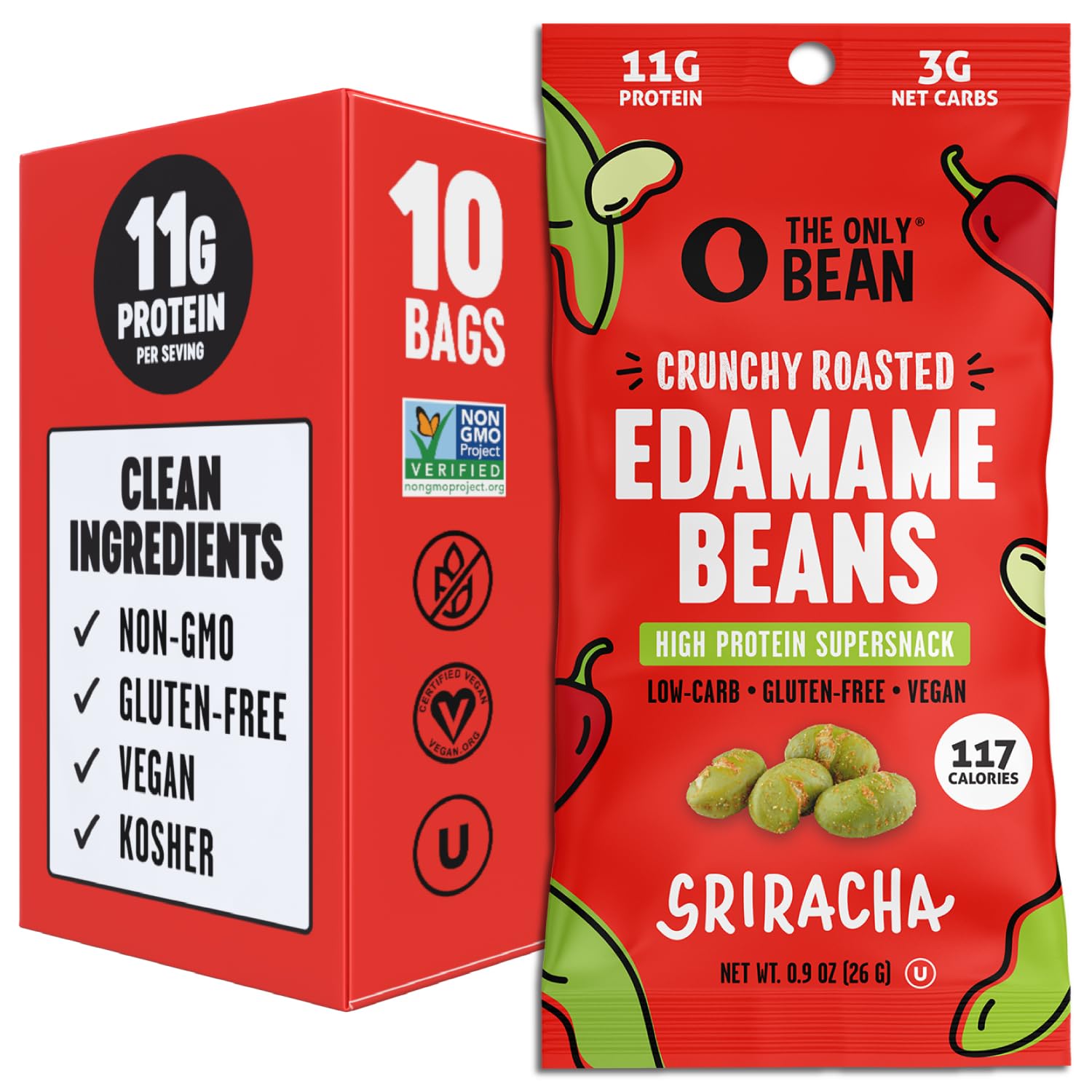The Only Bean Crunchy Dry Roasted Edamame Snacks (Sea Salt), Healthy High Protein(11G) Keto Food, Low Carb Gluten Free Office Vegan Food 100 Calorie Snack Pack, 0.9Oz 10 Pack