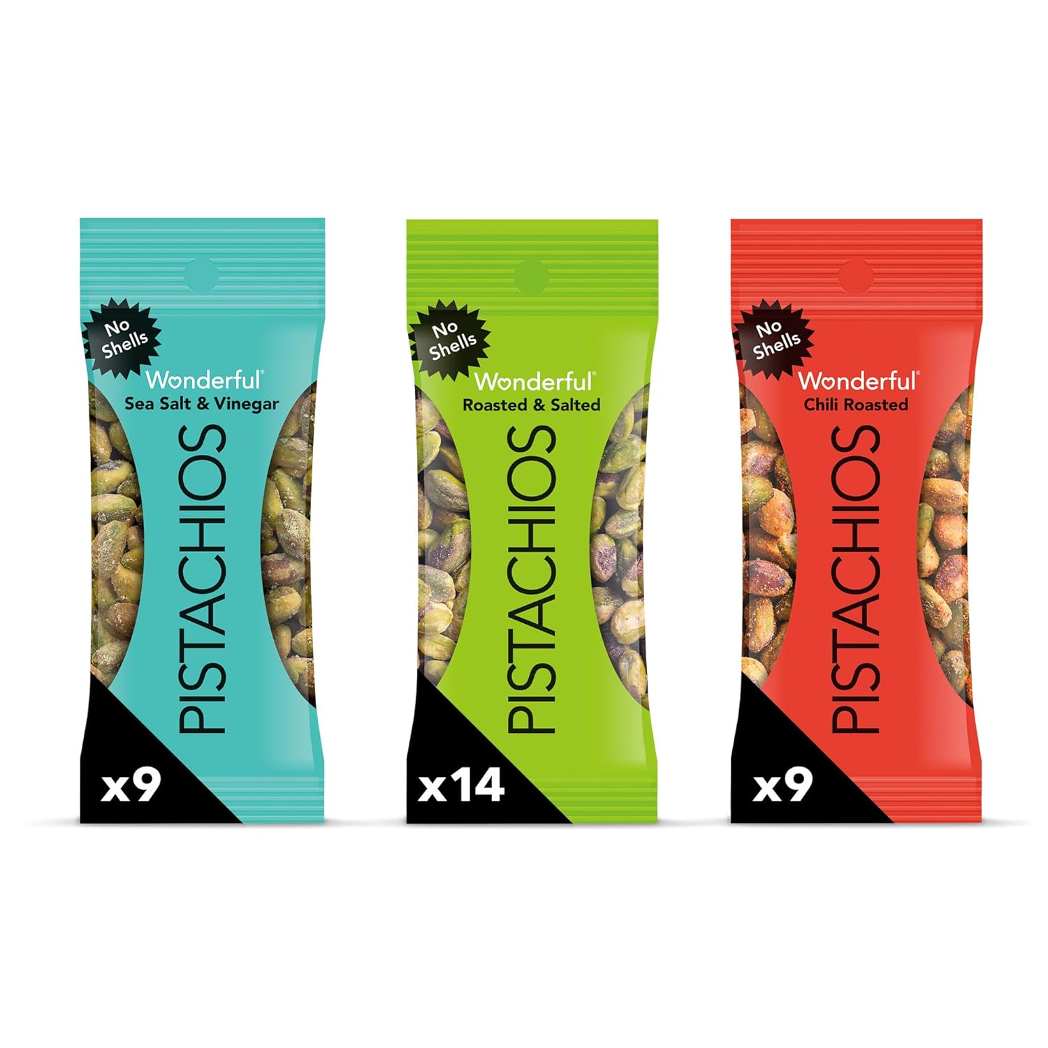 Wonderful Pistachios No Shells, 3 Flavors Mixed Variety Pack of 9 (0.75 Ounce), Roasted & Salted Nuts (4), Chili (3), Honey (2), Protein Snacks, Gluten Free, Healthy Snacks Variety Pack for Adults