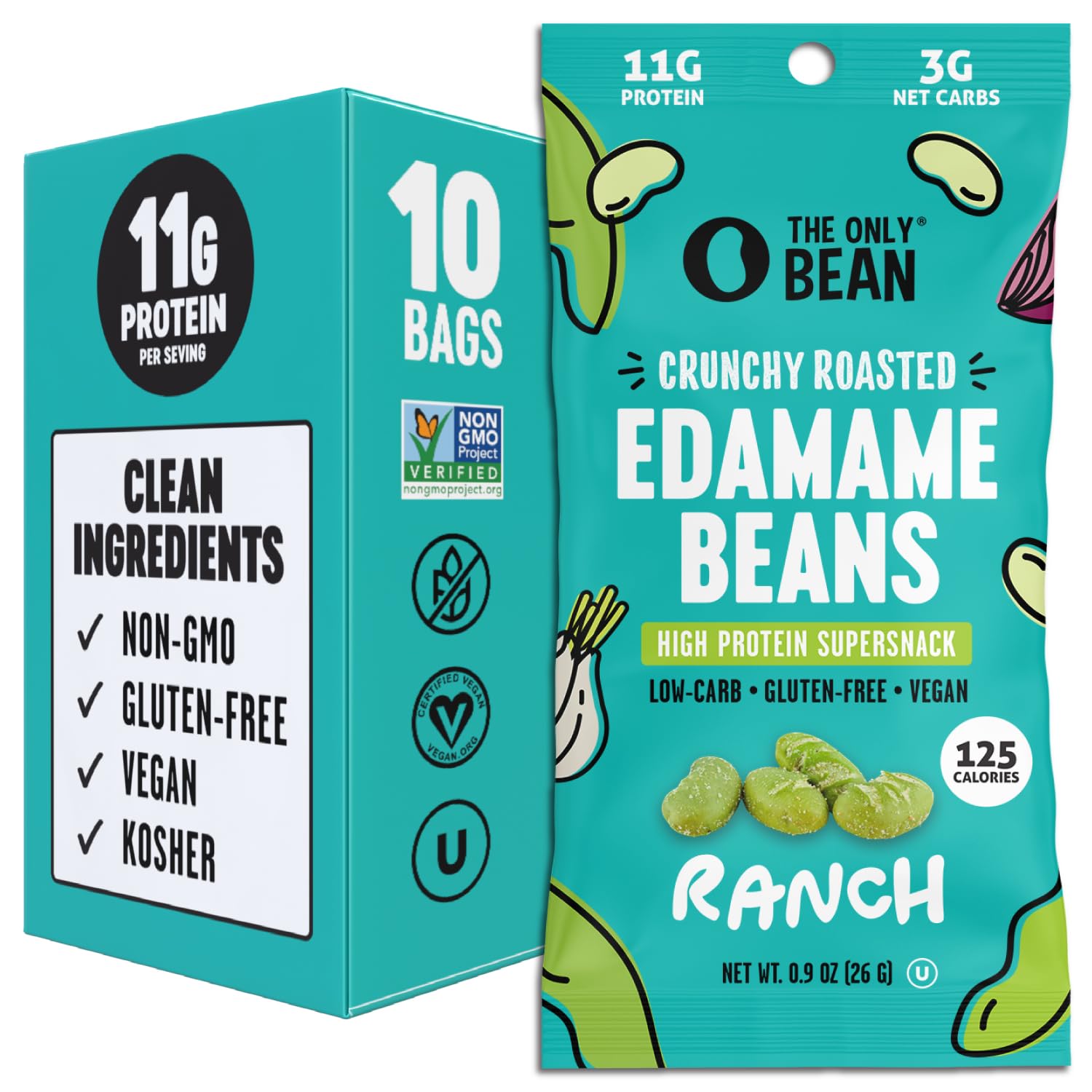 The Only Bean Crunchy Dry Roasted Edamame Snacks (Sea Salt), Healthy High Protein(11G) Keto Food, Low Carb Gluten Free Office Vegan Food 100 Calorie Snack Pack, 0.9Oz 10 Pack