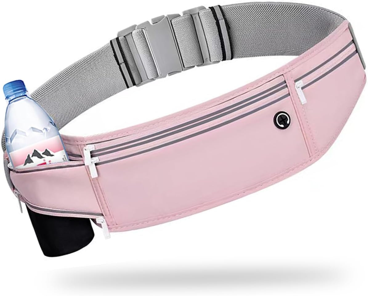 Slim Running Belt for Women Men,Runners Fanny Pack Phone Holder,Money Belt,Running Gear Accessories,With 3 Pockets.(Pink)