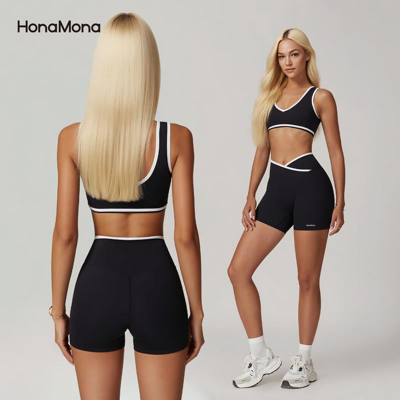 Honamona- Black Naked-Sense Cross High-Waist Yoga Set - Color-Blocked Backless Slim-Fit Sports Suit for Women, Perfect for Running & Fitness New Work Out Clothes