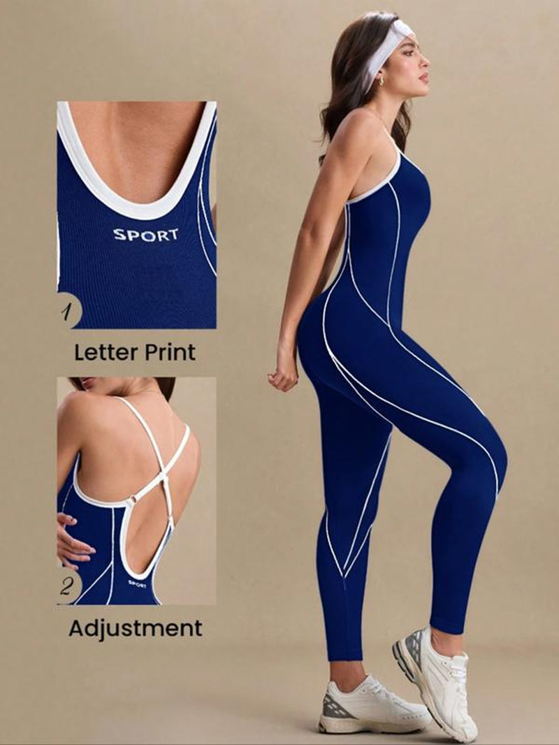 Women'S Colorblock U Neck Adjustable Strap High Elastic Yoga Jumpsuit, Sporty Sleeveless Fitness, All Season Comfortable Wear, Workout Jumpsuit