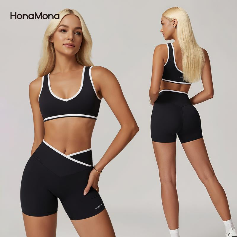 Honamona- Black Naked-Sense Cross High-Waist Yoga Set - Color-Blocked Backless Slim-Fit Sports Suit for Women, Perfect for Running & Fitness New Work Out Clothes