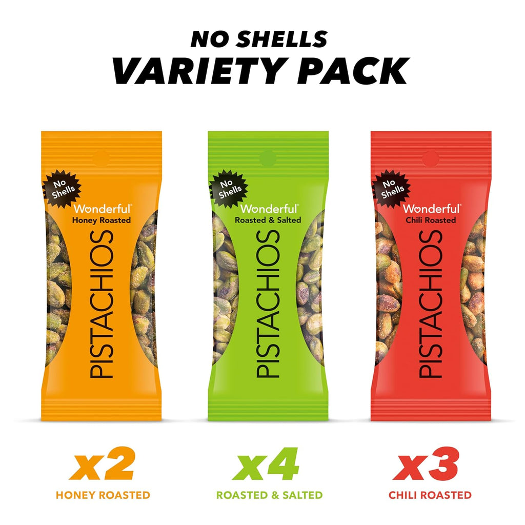 Wonderful Pistachios No Shells, 3 Flavors Mixed Variety Pack of 9 (0.75 Ounce), Roasted & Salted Nuts (4), Chili (3), Honey (2), Protein Snacks, Gluten Free, Healthy Snacks Variety Pack for Adults