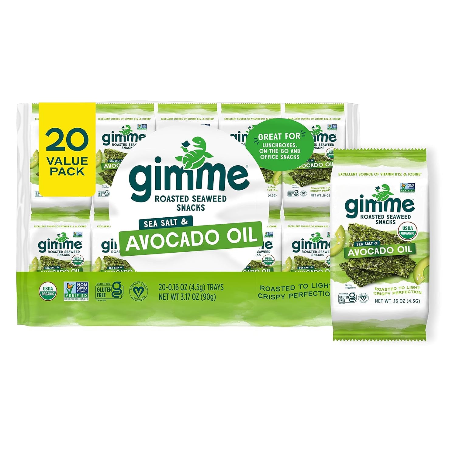 Gimme Seaweed Organic Premium Roasted Seaweed Snacks, Sea Salt, 20 Count, Keto, Vegan, Gluten-Free, Great Source of Omega3S and Iodine, Healthy On-The-Go Snack for Kids and Adults