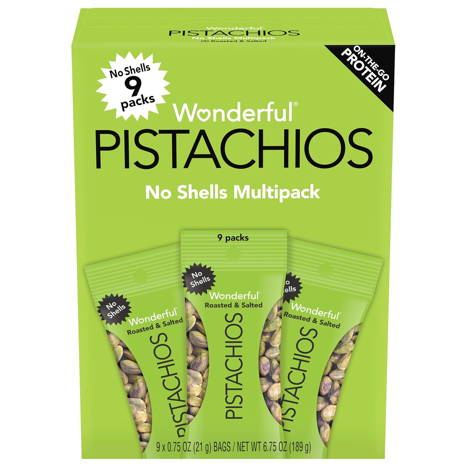Wonderful Pistachios No Shells, 3 Flavors Mixed Variety Pack of 9 (0.75 Ounce), Roasted & Salted Nuts (4), Chili (3), Honey (2), Protein Snacks, Gluten Free, Healthy Snacks Variety Pack for Adults