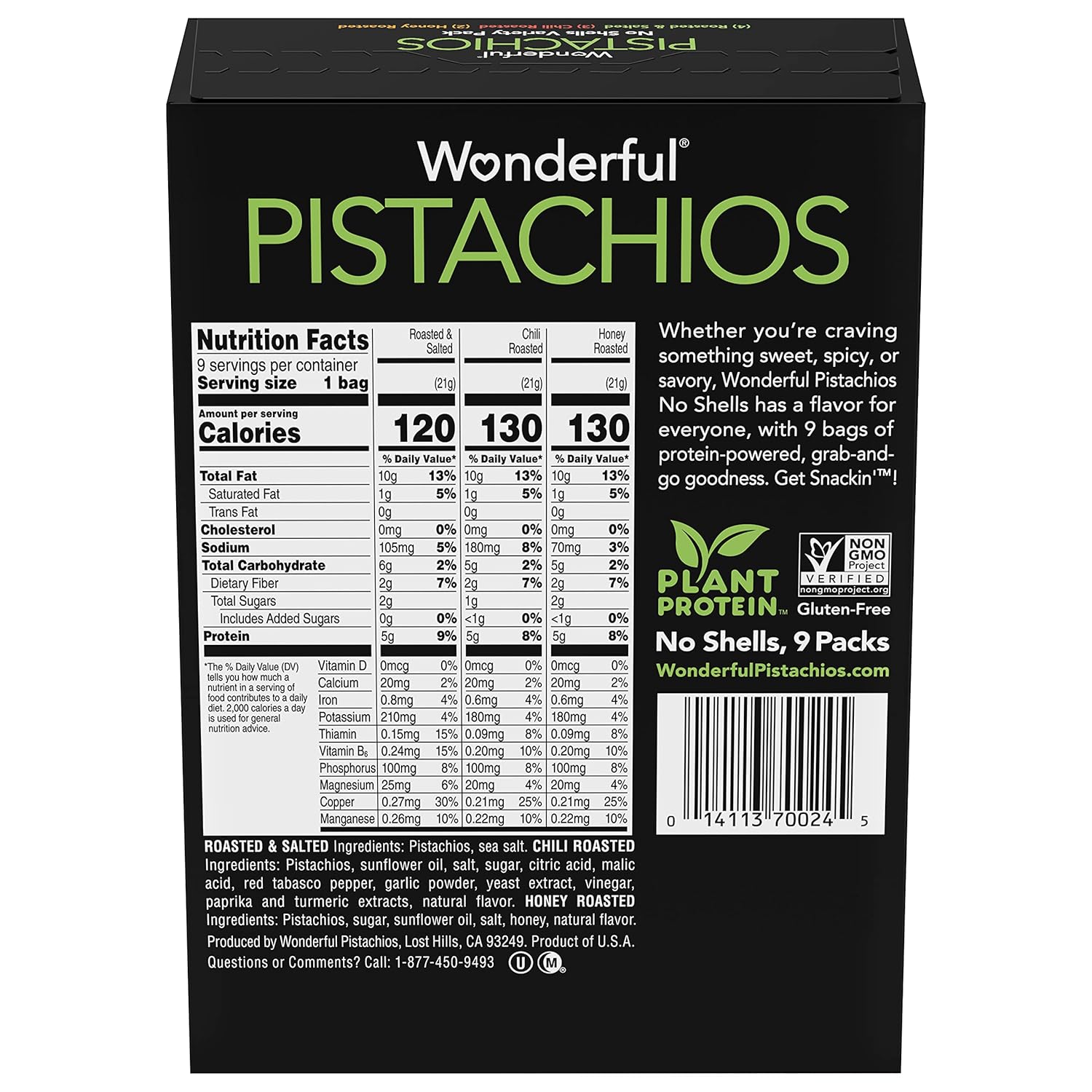 Wonderful Pistachios No Shells, 3 Flavors Mixed Variety Pack of 9 (0.75 Ounce), Roasted & Salted Nuts (4), Chili (3), Honey (2), Protein Snacks, Gluten Free, Healthy Snacks Variety Pack for Adults