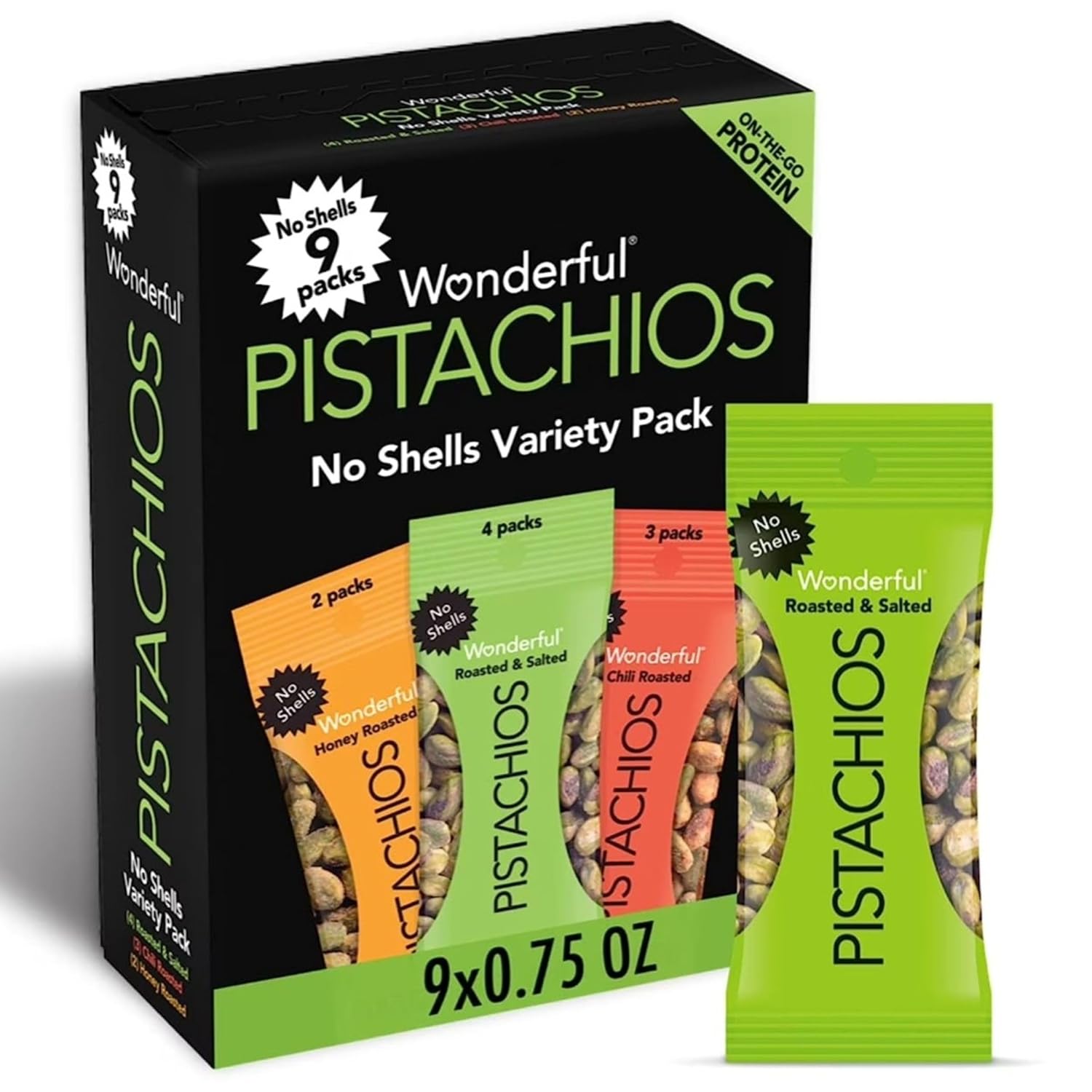 Wonderful Pistachios No Shells, 3 Flavors Mixed Variety Pack of 9 (0.75 Ounce), Roasted & Salted Nuts (4), Chili (3), Honey (2), Protein Snacks, Gluten Free, Healthy Snacks Variety Pack for Adults