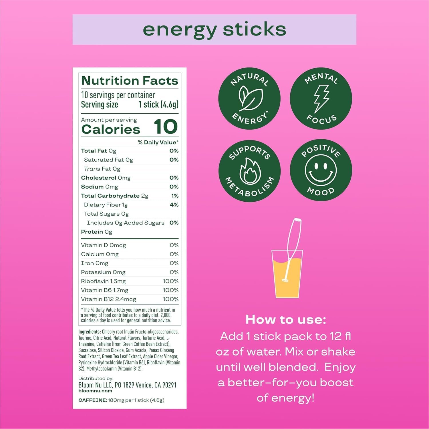 Bloom Nutrition Energy Drink Powder Packets, Sugar Free Energy Drink Mix with L-Theanine, B Vitamins & Natural Caffeine, on the Go Powder Sticks for Natural Energy, 10 Calories (10 Pouches (Pack of 1), Raspberry Lemonade)