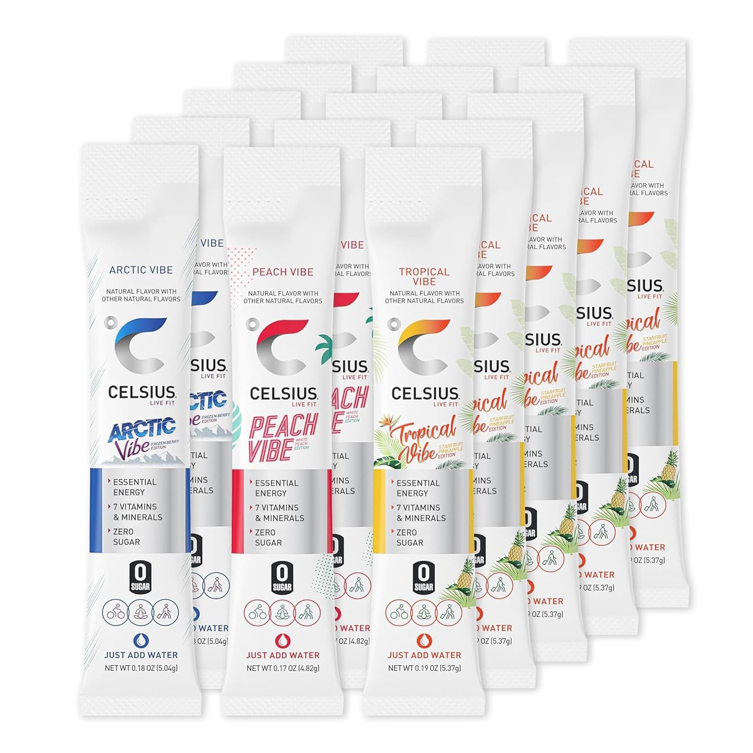 Celsius on the Go Energy Powder Sticks Variety Pack | 15 Count | Tropical, Peach, Arctic | in Packaging Bundled Sticker