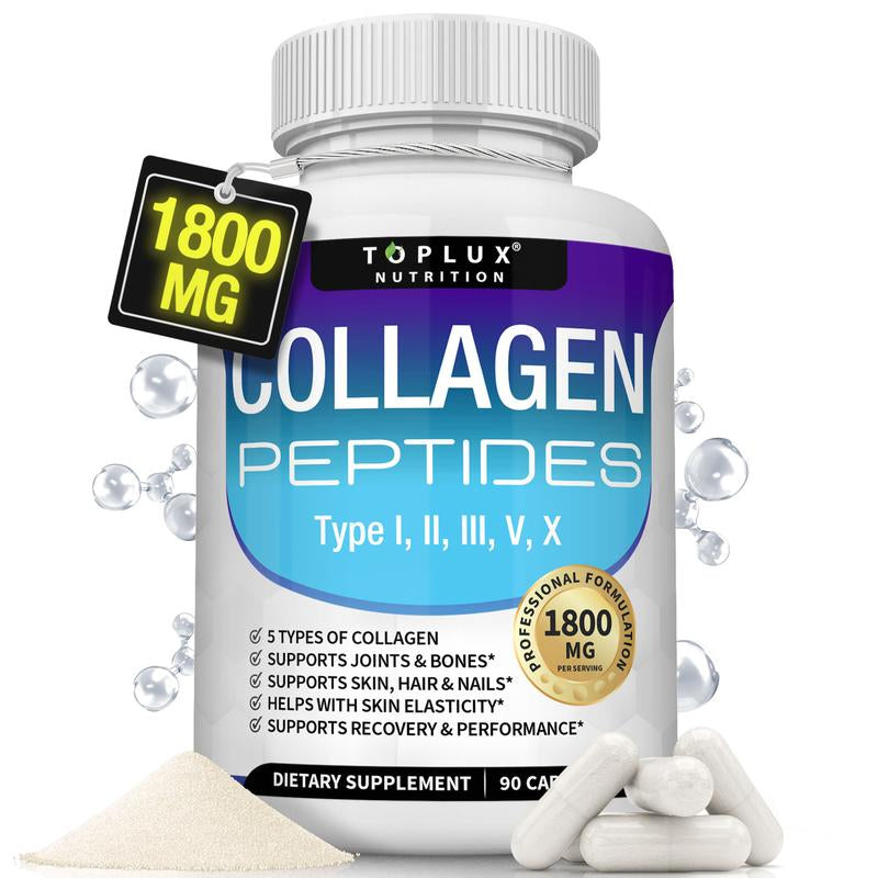 Toplux Nutrition Collagen Peptides 5 Types Complex 1800Mg US Made Dietary Supplement for Health Beauty Fitness 90 Capsules