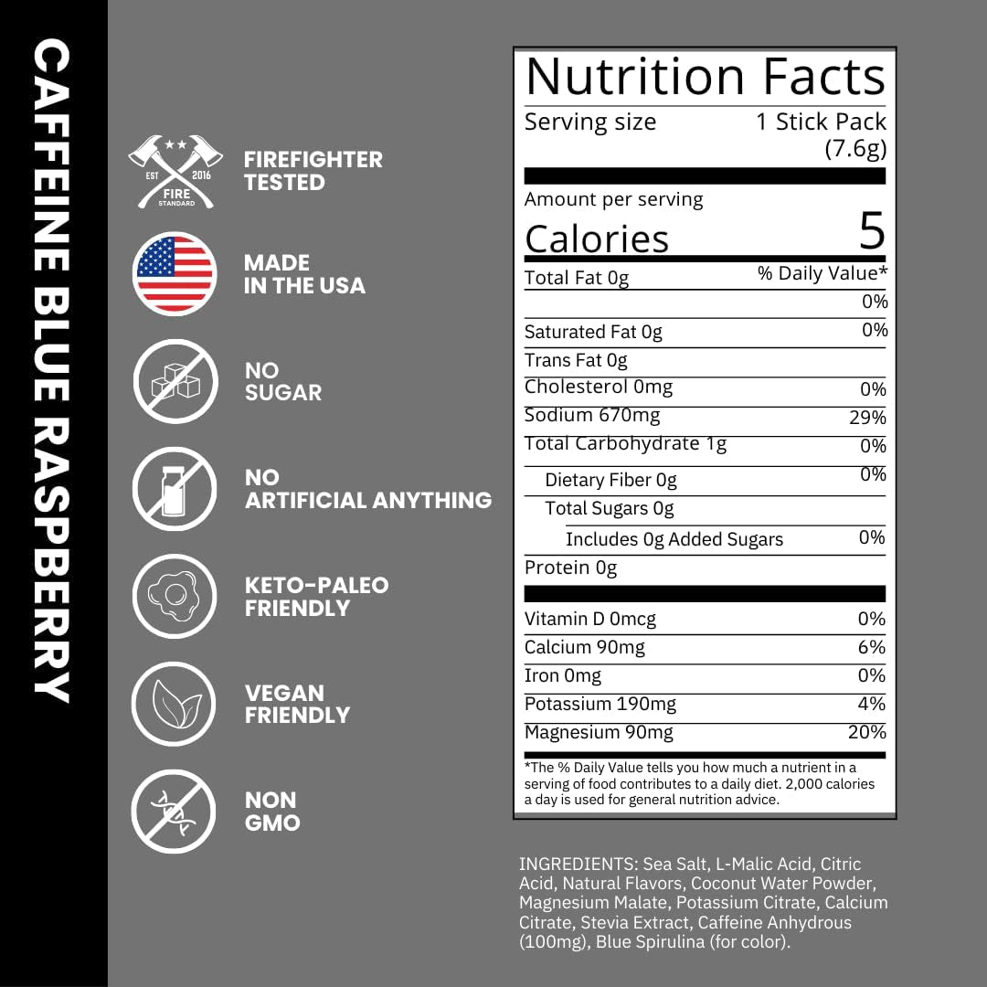 Fire Science Fire Salt Hydration Sticks, Electrolytes & Coconut Water, Hydration Drink Mix with Caffeine, Potassium & Sodium, Zero Sugar, Serve on the Go Packs, Caffeine Blue Raspberry, 32 Count