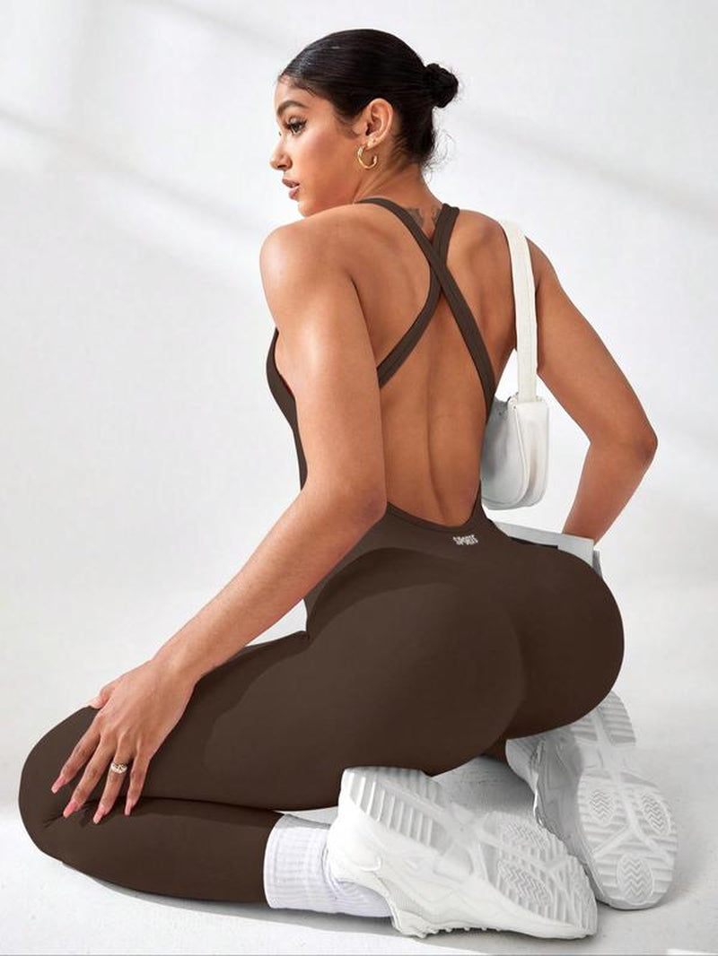 Women'S Letter Print U Neck Backless Sports Tank Jumpsuit, Casual Sporty Sleeveless Jumpsuit for Yoga Gym Workout Running, Ladies Sportswear for All Seasons, Workout Jumpsuits