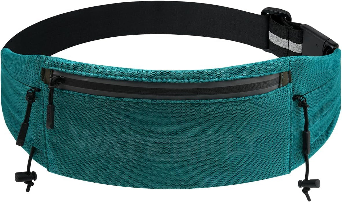 WATERFLY Running Belt Fanny Pack: Breathable 3 Pocket Waist Bag for Men Women Workout Exercise Fitness Phone Holder Fits All Phones - Runner Marathon Jogging Race Belt with Bib Clip Black