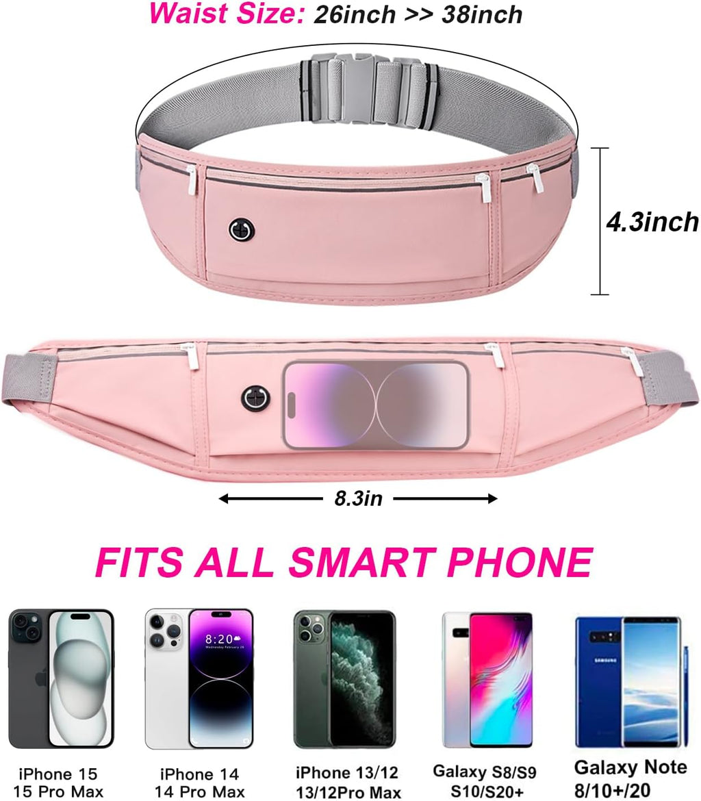 Slim Running Belt for Women Men,Runners Fanny Pack Phone Holder,Money Belt,Running Gear Accessories,With 3 Pockets.(Pink)
