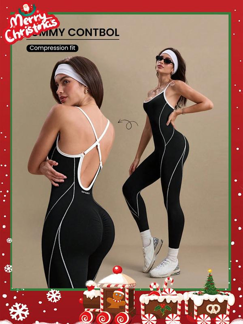 Women'S Colorblock U Neck Adjustable Strap High Elastic Yoga Jumpsuit, Sporty Sleeveless Fitness, All Season Comfortable Wear, Workout Jumpsuit