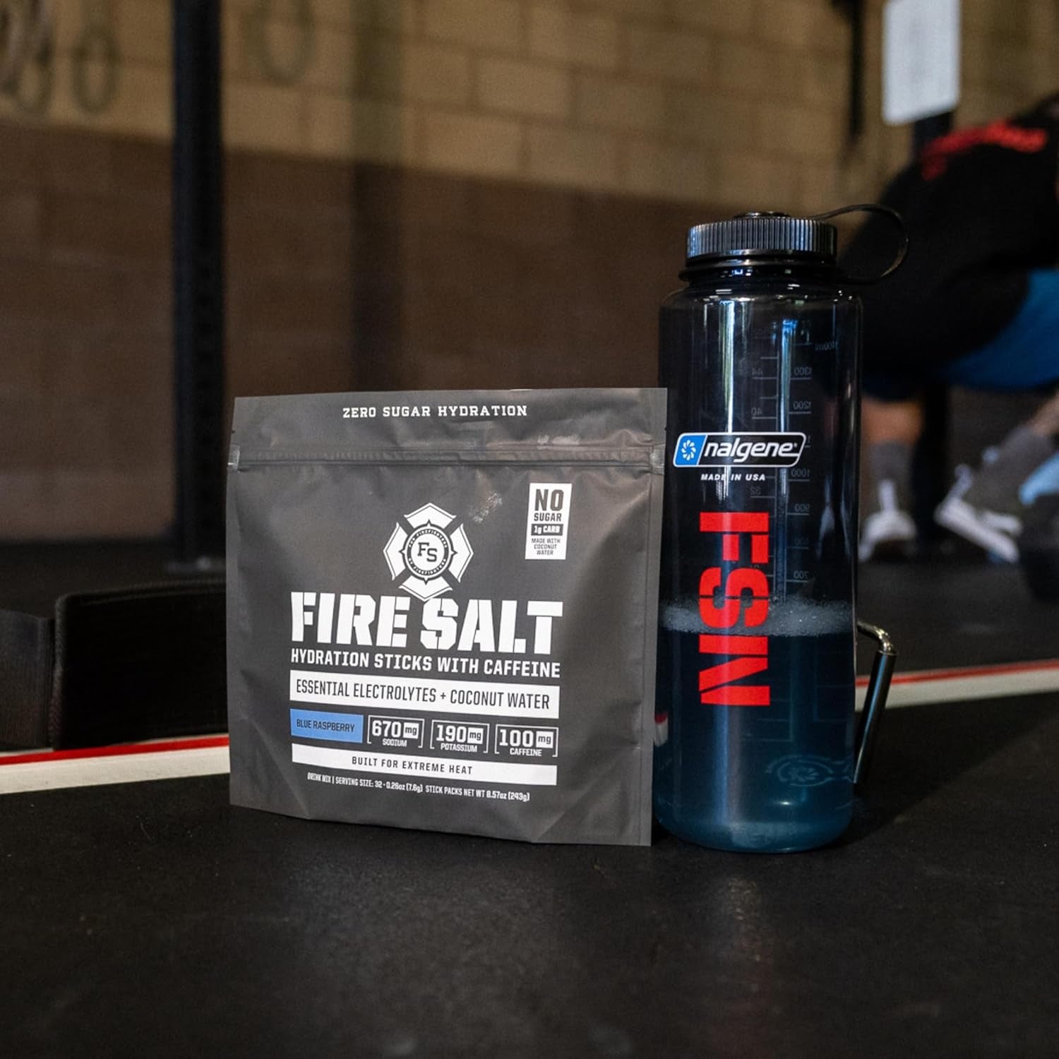 Fire Science Fire Salt Hydration Sticks, Electrolytes & Coconut Water, Hydration Drink Mix with Caffeine, Potassium & Sodium, Zero Sugar, Serve on the Go Packs, Caffeine Blue Raspberry, 32 Count